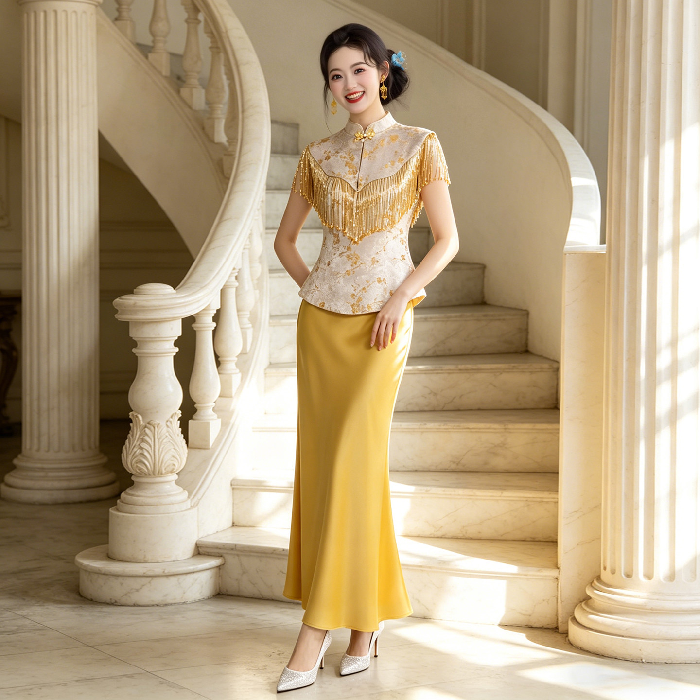 新中式金色流苏订婚礼服裙女新娘结婚旗袍缎面复古风宴会敬酒礼服