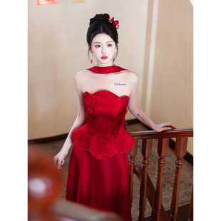 新中式 酒红色回门出阁宴结婚敬酒服 订婚礼服裙女晨袍新娘2026新款