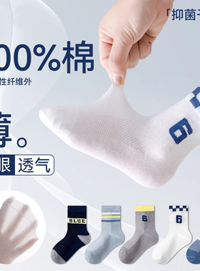 儿童袜子男童夏季薄款男孩100%纯棉透气网眼袜中大童防臭吸汗短袜
