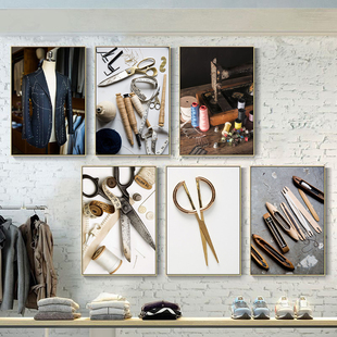 服装店挂画西装店礼服私人定制裁缝店装饰画男装店缝纫机复古壁画