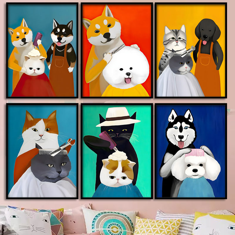 猫咪理发师搞笑创意可爱猫咪装饰画幽默宠物店理发店墙面挂画壁画