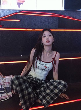 张贝贝ibell抽皱蕾丝复古格子裤女高腰显瘦设计感抽绳直筒阔腿裤