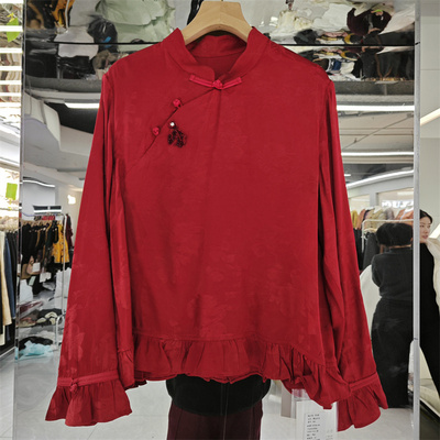 春装新中式立领盘扣荷叶边衬衫女