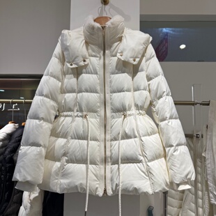 白色连帽羽绒服女中长款收腰可脱卸帽冬季外套90鹅绒修身保暖2026