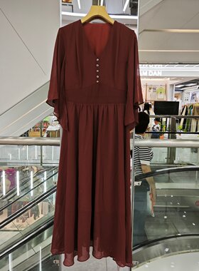 酒红V领长袖收腰显瘦连衣裙清仓