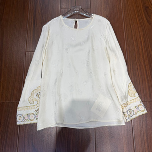 2026春装新款新中式刺绣提花上衣女长袖圆领宽松套头白色复古衬衫