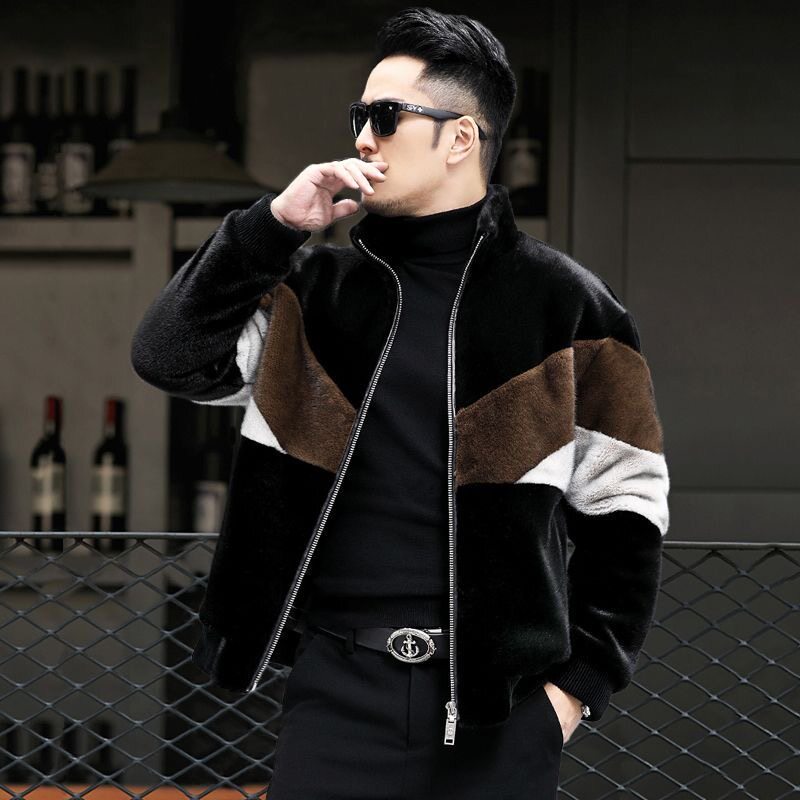 HAINING 모피 남성 겨울 유행하고 잘 생긴 모조 밍크 코트 모피 슬림 원피스 재킷 골드 밍크 벨벳 두꺼운 코트