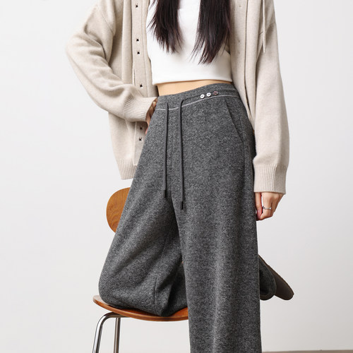 深灰色羊毛阔腿裤女秋冬新款加厚高腰宽松垂感小个子休闲直筒长裤