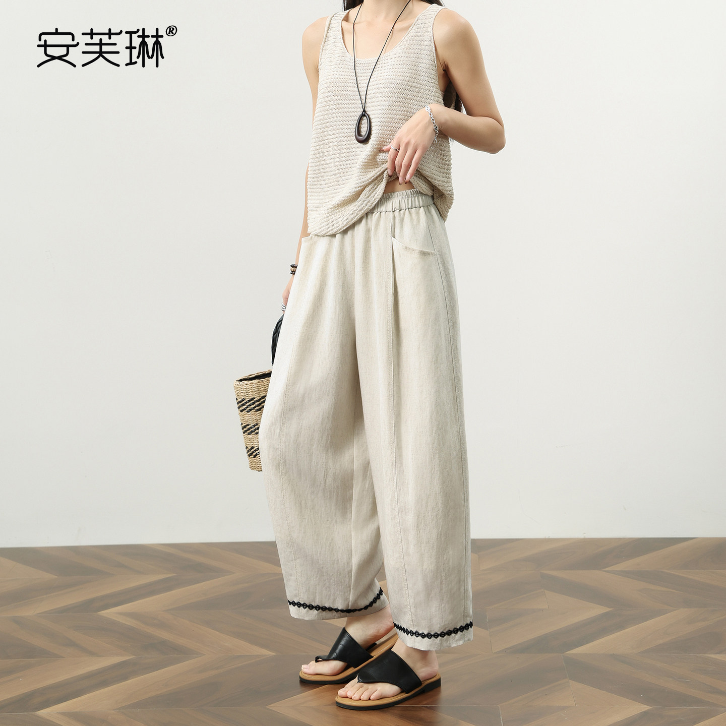 莱赛尔天丝亚麻九分裤女薄款2026夏新品脚口蕾丝边拼贴宽松阔腿裤