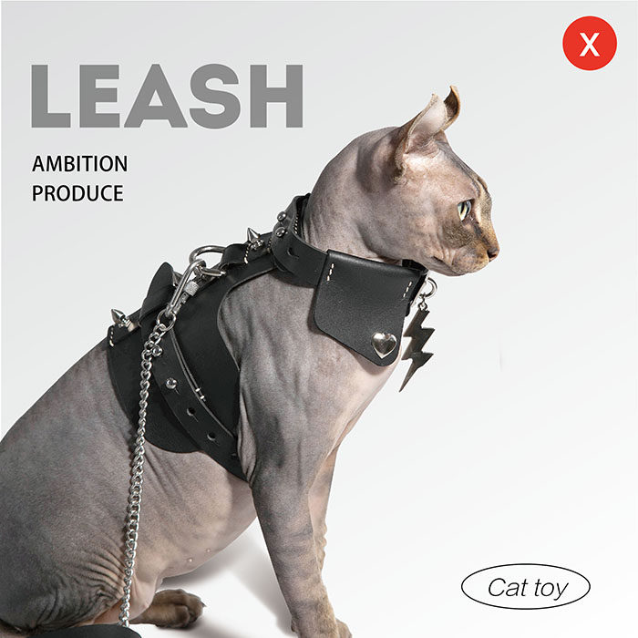 无毛猫机车皮衣铆钉背心牵引绳