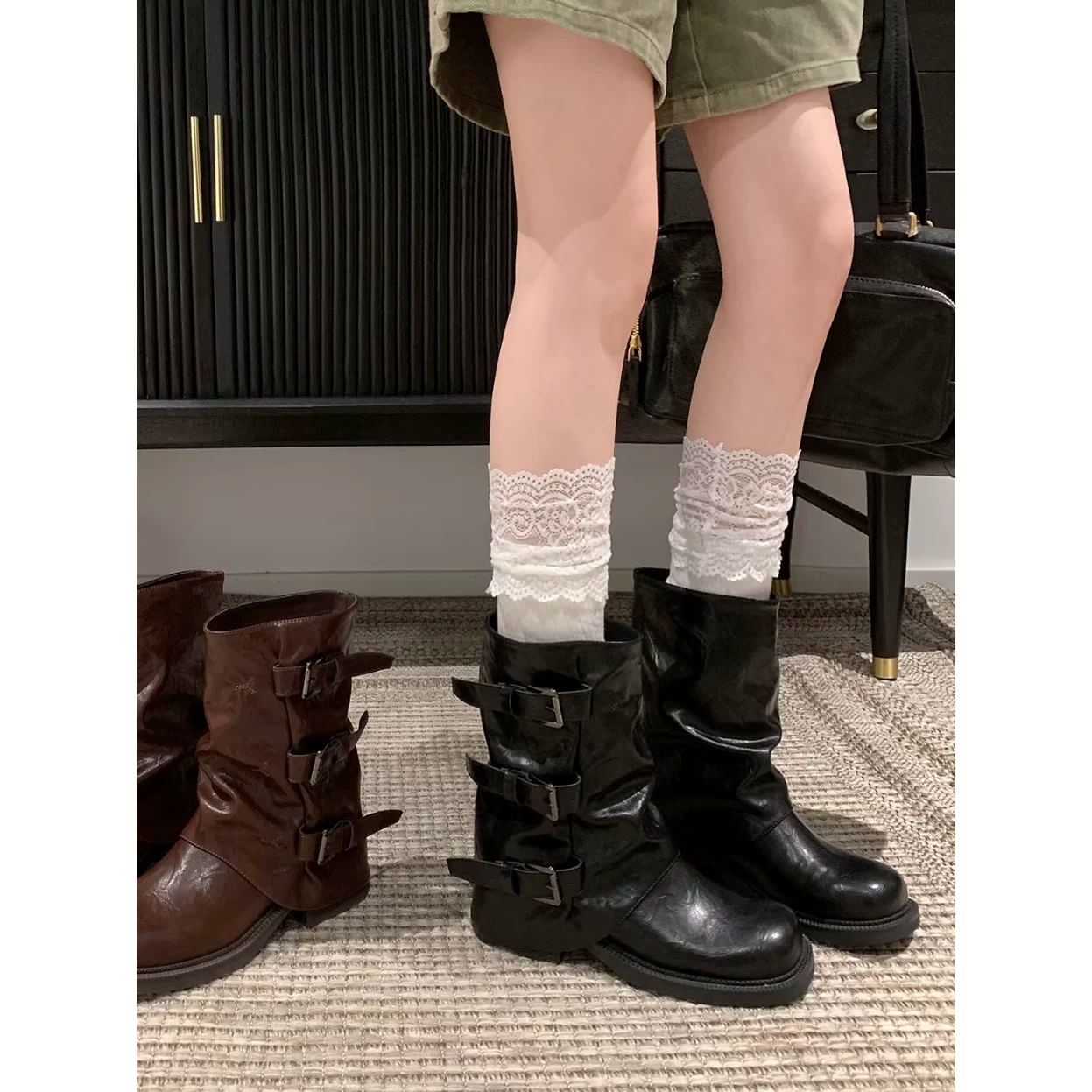 复古裤管靴短筒靴女童秋冬新款单靴儿童堆堆靴英伦风骑士靴马丁靴