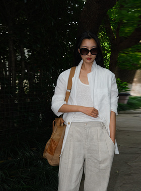 LISAYU原创白色亚麻西装吊带背心休闲裤阔腿长裤短裤老钱三件套装