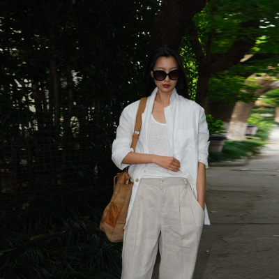 LISAYU原创白色亚麻西装吊带背心休闲裤阔腿长裤短裤老钱三件套装