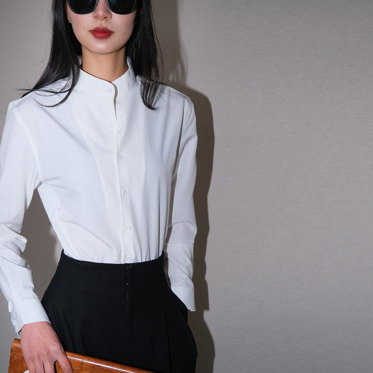 LISAYU中式白衬衣羊毛阔腿裤套装裤子立领衬衫西裤毛呢裤两件套装