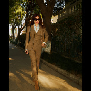 两件套三件复古套装 LISAYU人字西装 长裤 子羊毛马甲西装 马甲九分裤