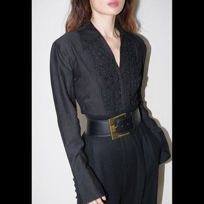 2025法式木耳边白衬衣黑衬衣羊毛高腰羊毛呢子长裤阔腿裤两件套装