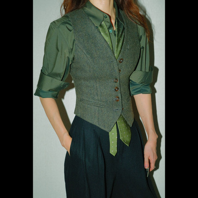 2025墨绿毛尼马甲墨绿衬衣套装高腰阔腿长裤职业装中性风三件套装