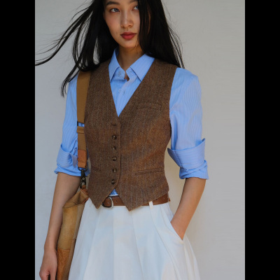 LISAYU羊毛呢花尼马甲全棉秋款半身裙衬衣职业装欧美老钱三件套装