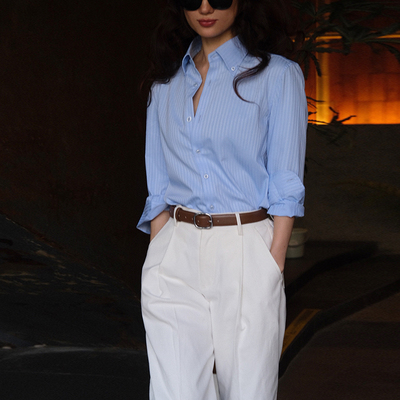 LISAYU2025粉蓝色全棉衬衣白色阔腿裤休闲长裤老钱风职业两件套装