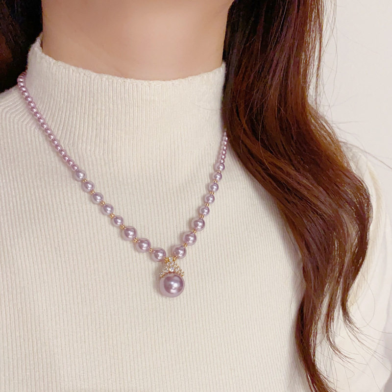 欧美镶钻锆石皇冠玻璃珍珠项链轻奢高端小众级设计感精致锁骨颈链