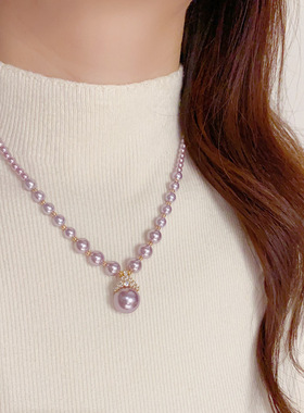 欧美镶钻锆石皇冠玻璃珍珠项链轻奢高端小众级设计感精致锁骨颈链