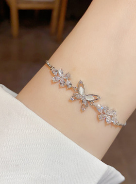 欧美复古金属银色镶钻锆石蝴蝶手链饰抽拉式轻奢高端小众级设计感