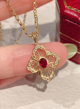 法式布契风雕花镂空镶钻红锆宝石18K金四叶草项链高端轻奢小众级
