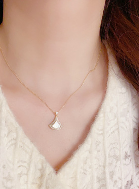 欧美复古金属银色镶钻锆石贝母裙子轻奢高端小众级设计感锁骨颈链