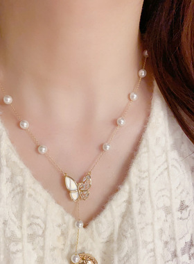 欧美复古贝母蝴蝶珍珠项链流苏轻奢高端小众级设计感锁骨颈时尚潮