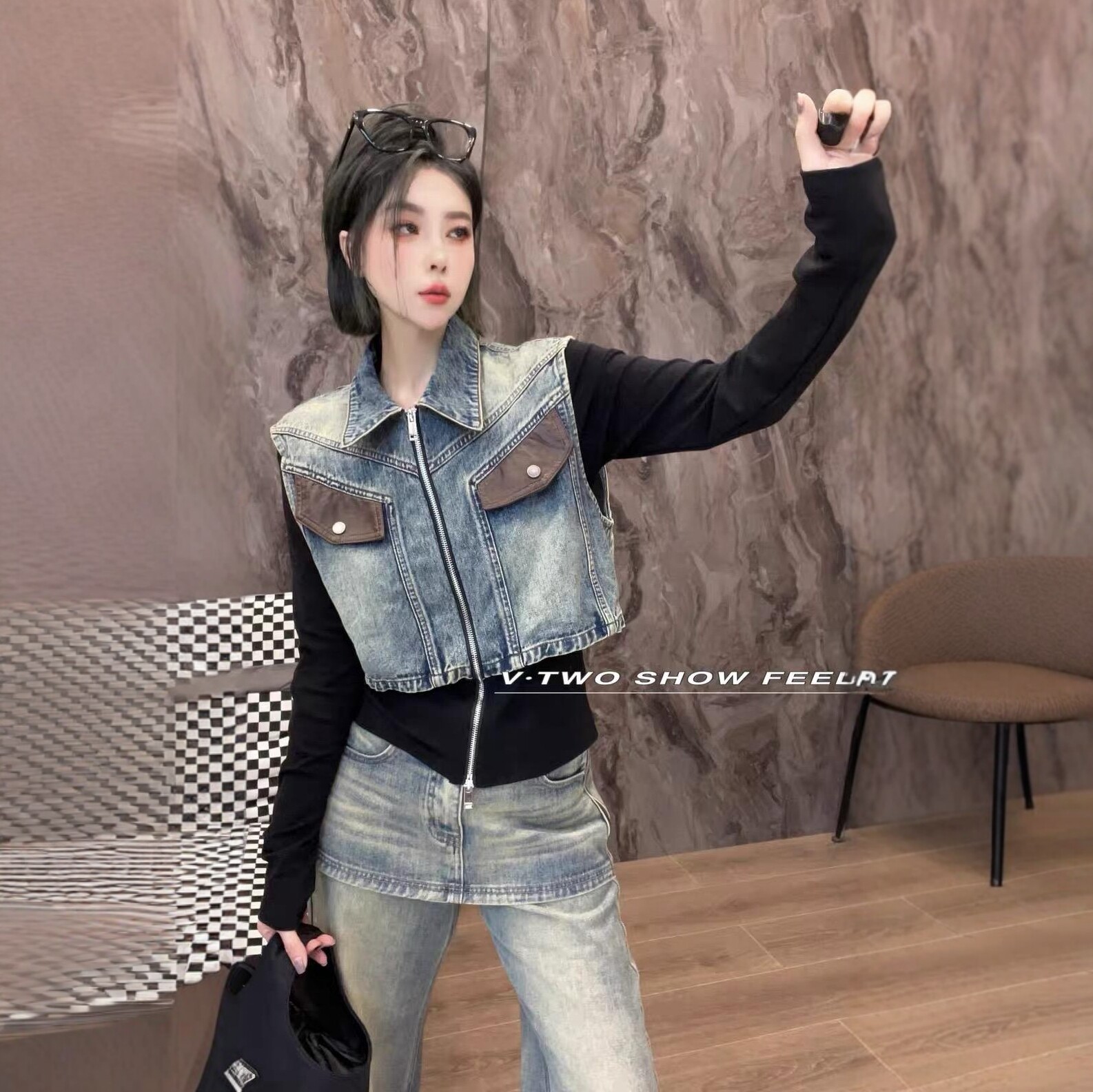 拼接拉链牛仔假两件秋季外套女新款欧洲站时尚洋气百搭显瘦小上衣