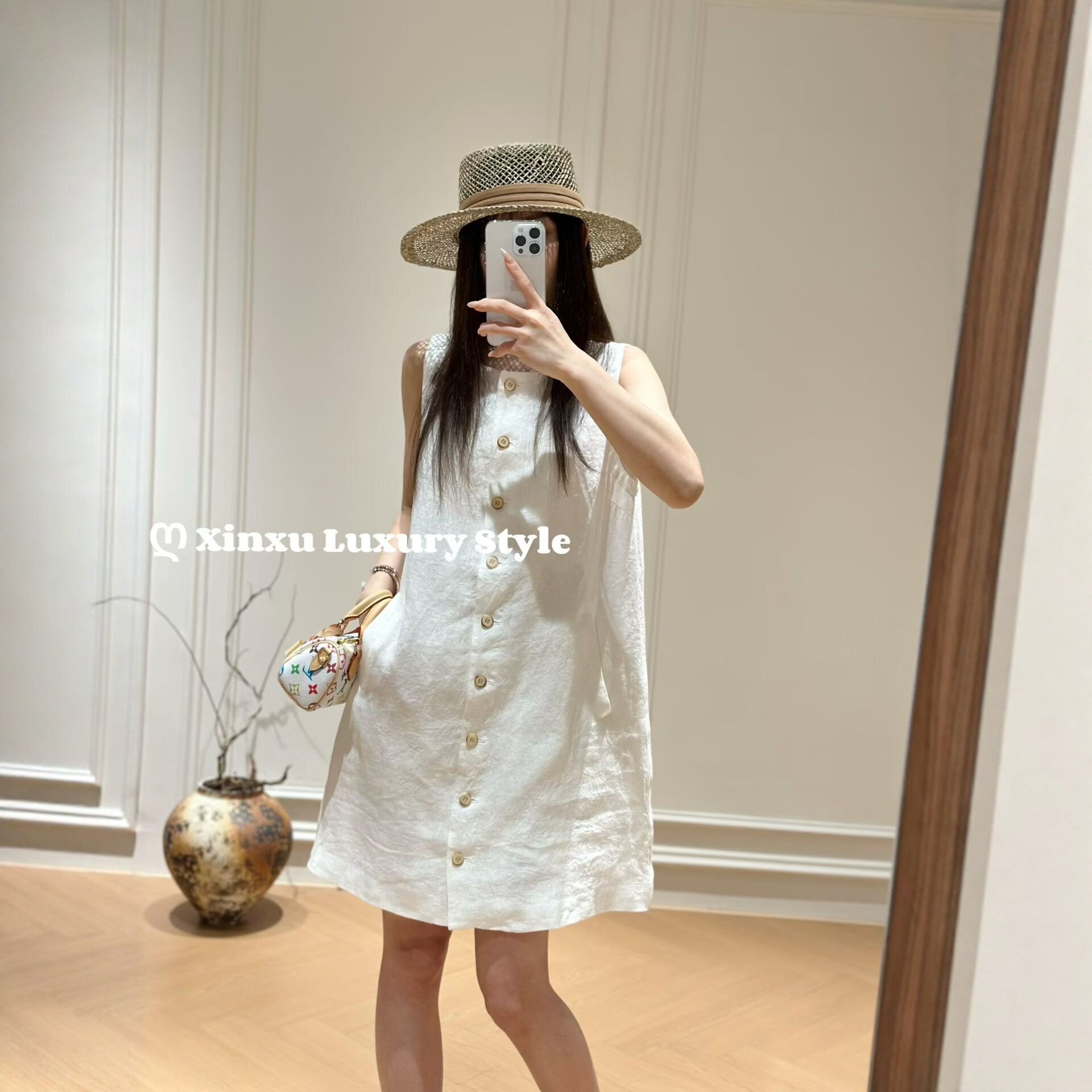 度假风亚麻单排扣连衣裙女夏2026