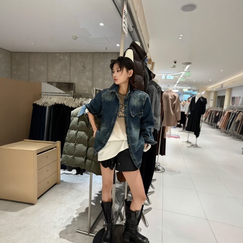 翻领不对称口袋磨毛衬衫女2025新款秋季欧洲站百搭牛仔外套女加厚