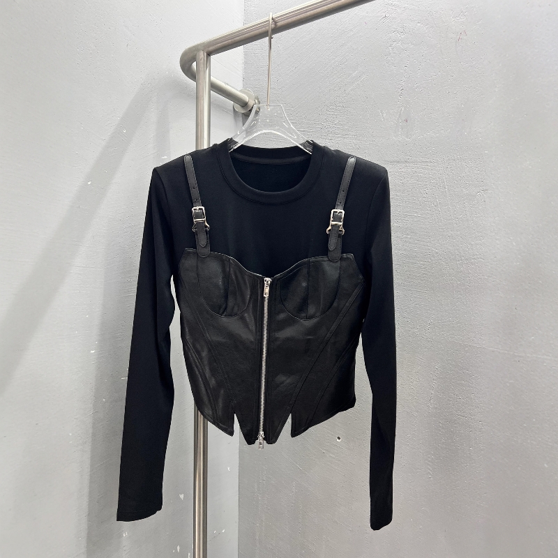 欧洲站新款小众洋气假两件皮扣吊带背心拼接百搭修身长袖打底T恤