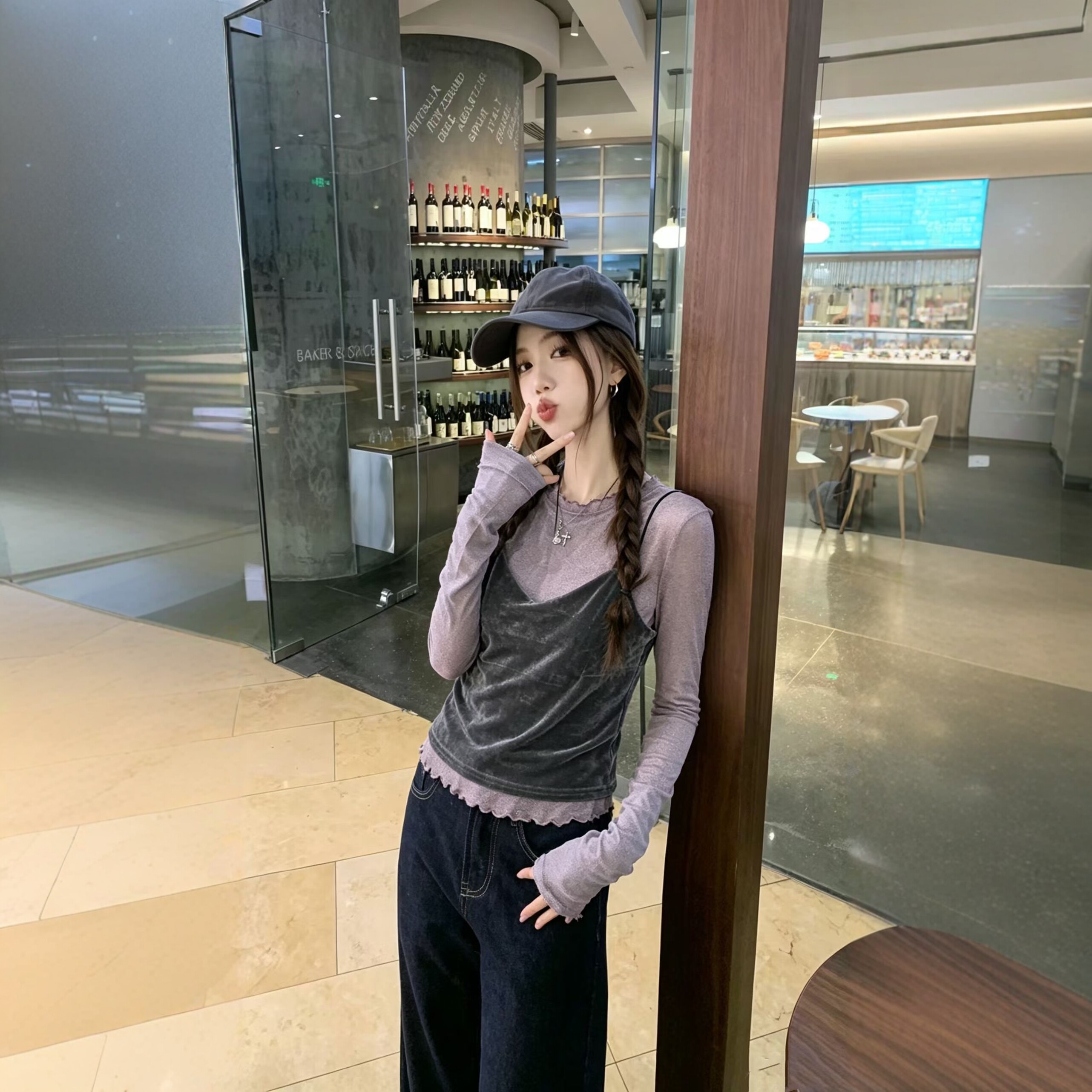 长袖t恤女叠穿丝绒吊带两件套潮