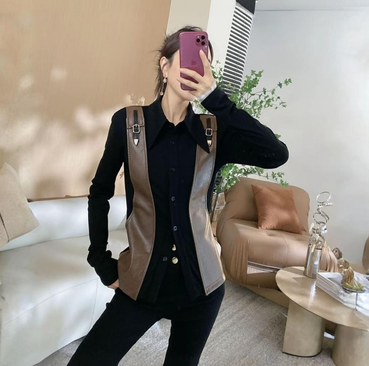 拼PU皮黑色女士衬衫2026新款秋潮