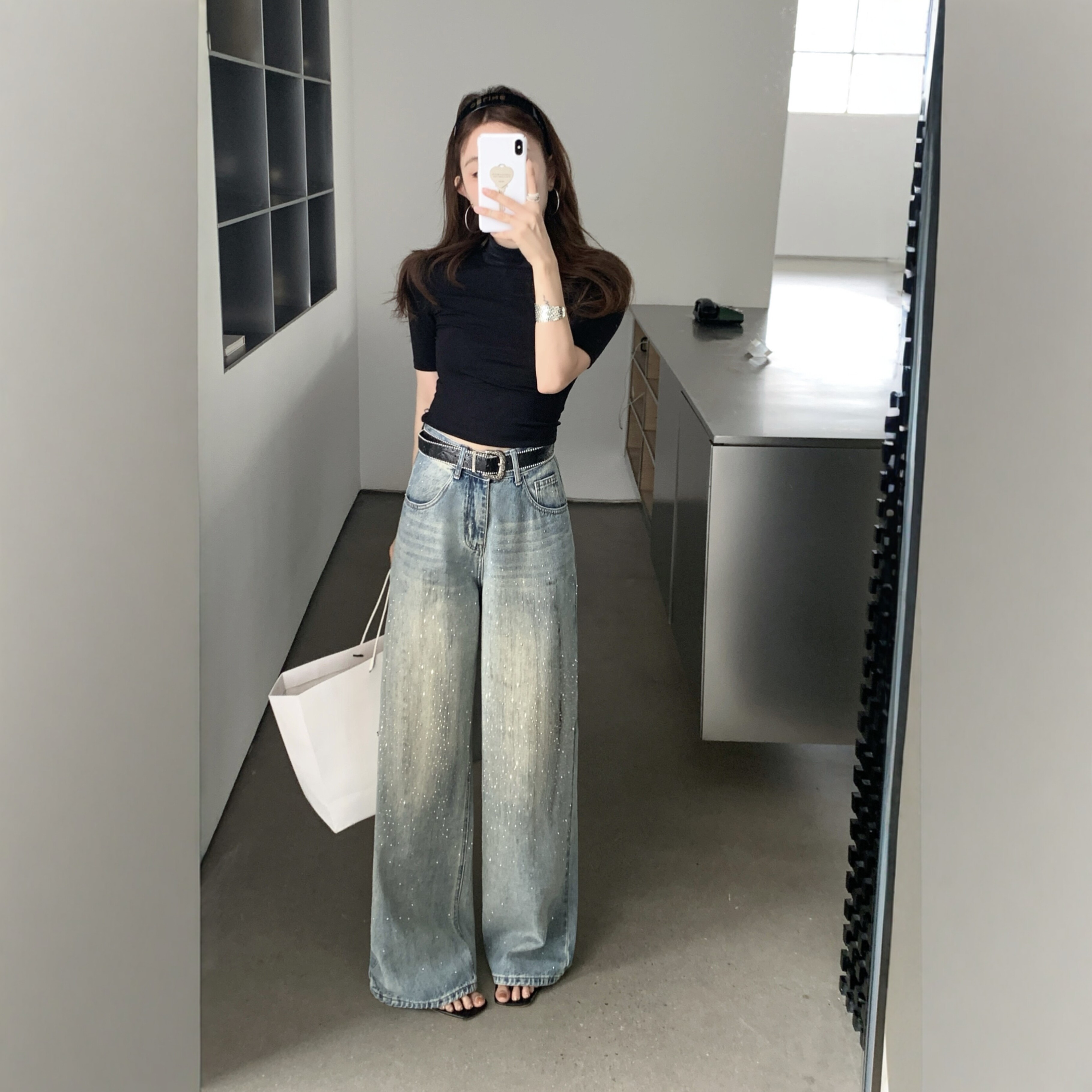 ZM烫钻浅蓝色牛仔裤2026新款女春季欧洲站时尚百搭高级感阔腿裤潮