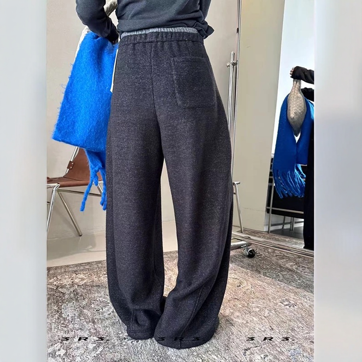 撞色松紧腰抽绳高腰弯刀裤女加厚