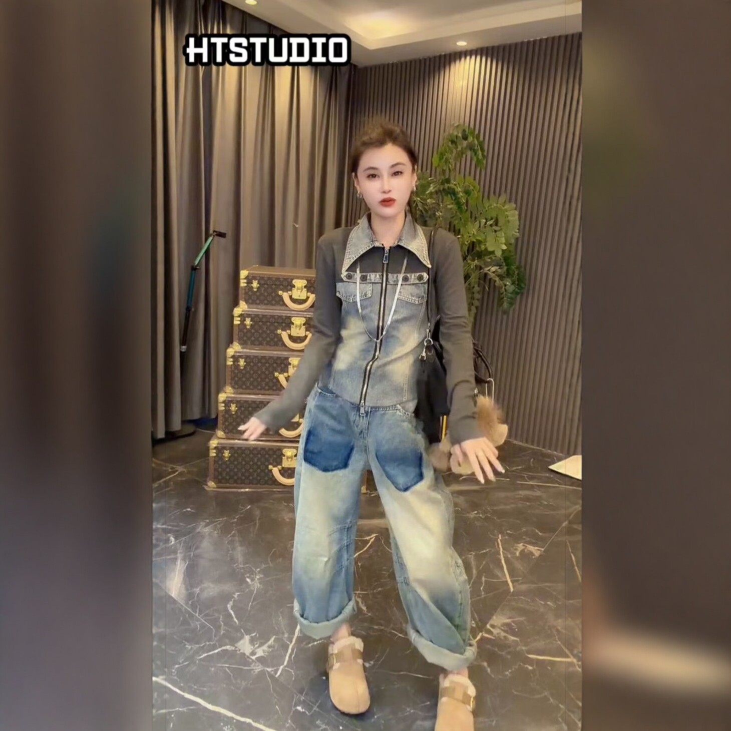 翻领长袖拼接双拉链牛仔外套女薄