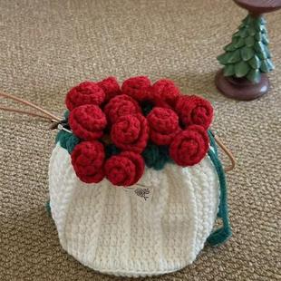 玫瑰花包包自制手工diy钩织材料包成品手编毛线零钱包手机束口包