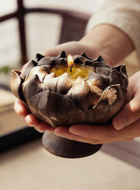 手作莲花蜡烛灯宝莲灯香座香炉手工粗陶泥香插禅意古风陶瓷小摆件