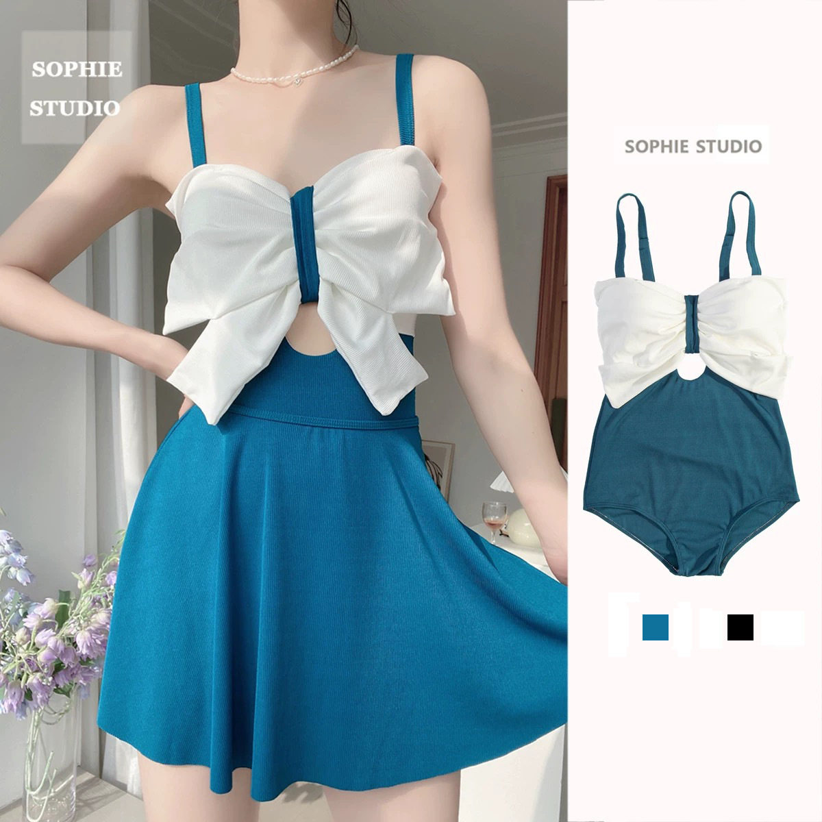 泳衣女式专业泳衣连体吊带两件套可爱蝴蝶结显瘦修身度泡温