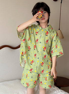 男女童可爱卡通印花绿色短袖短裤睡衣三件套装儿童夏季透气家居服