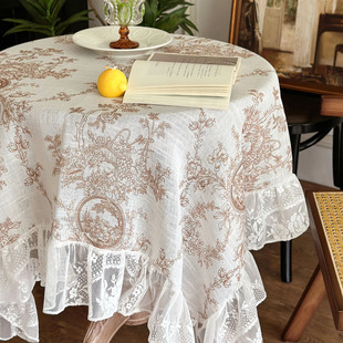 法式复古摩卡色蕾丝花边粗十字麻少女风桌布欧式茶几布床头柜盖巾