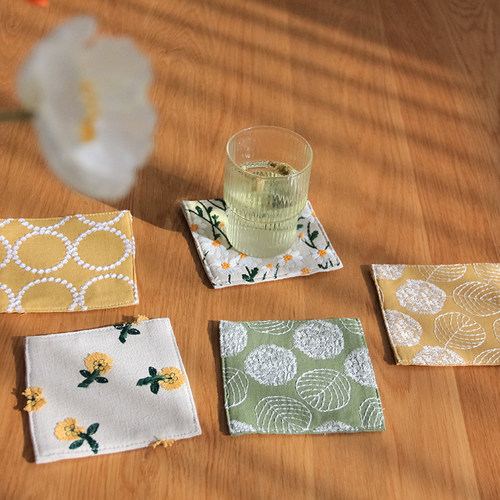 棉麻绣花杯垫日式手作10cm方形垫