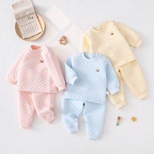 宝宝保暖肩扣套装上衣裤子秋衣秋裤纯棉A类春秋冬季婴儿加棉衣服