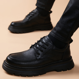 休闲皮鞋男真皮羊皮系带厚底增高百搭通勤上班英伦风商务正装男鞋