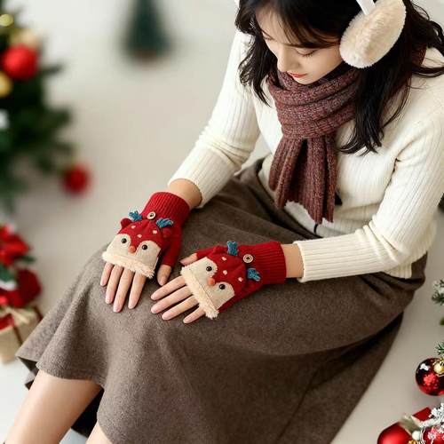 手套女冬天可爱学生保暖圣诞鹿翻盖露指写字毛绒半指加绒骑车防冻