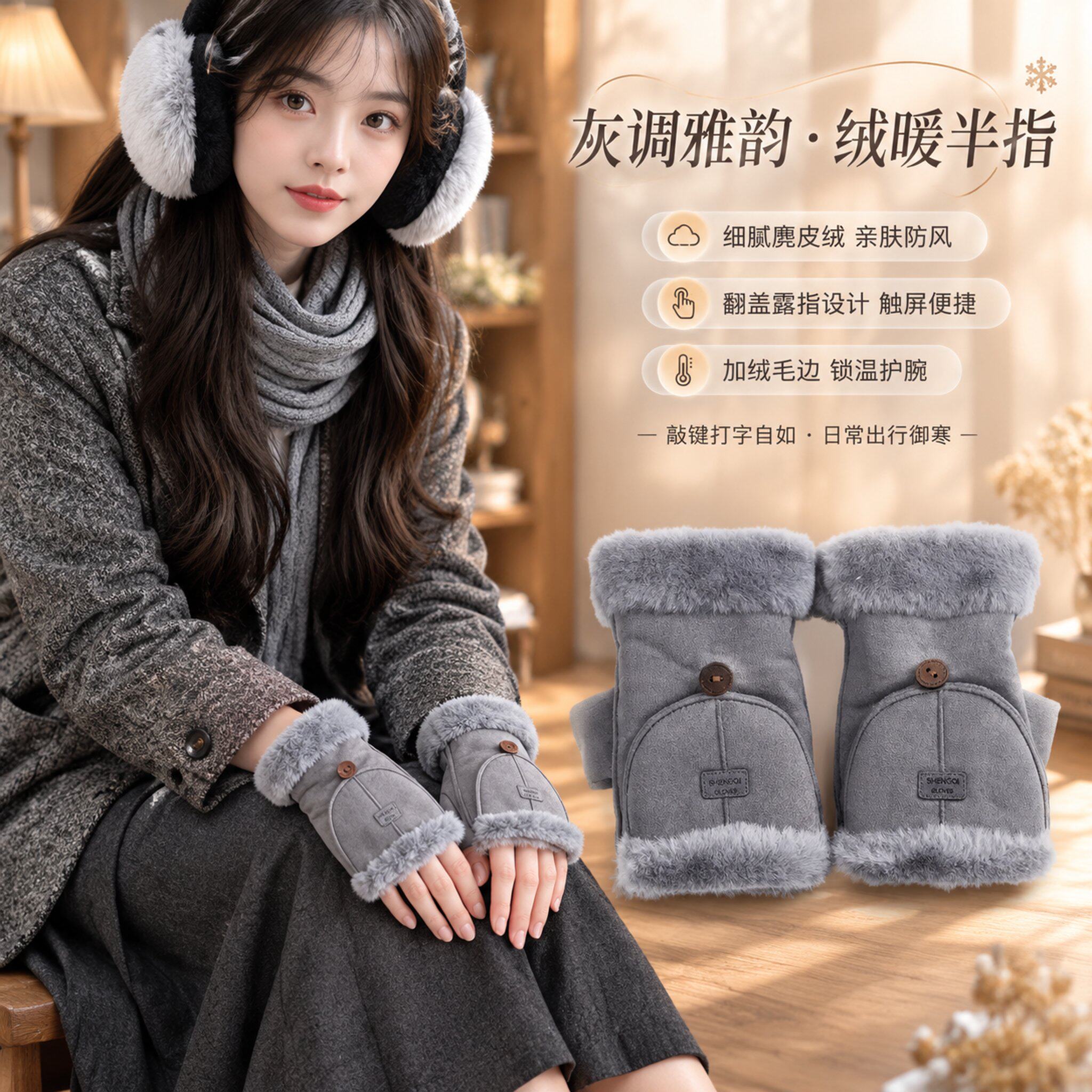 加绒加厚半指翻盖手套女冬天新款麂皮绒户外保暖露指触屏打字手套
