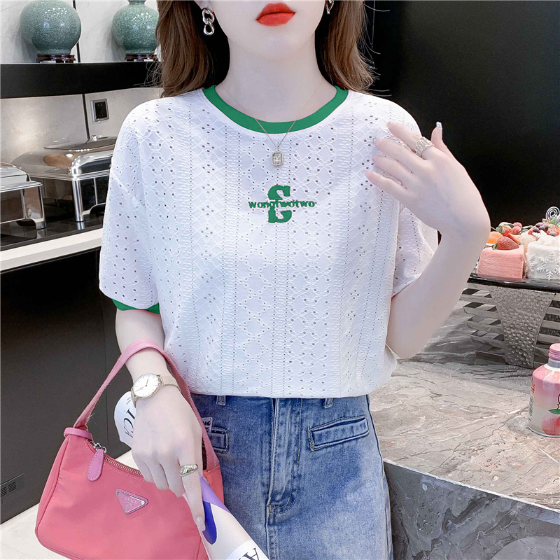 撞色蕾丝白色t恤女短袖宽松上衣