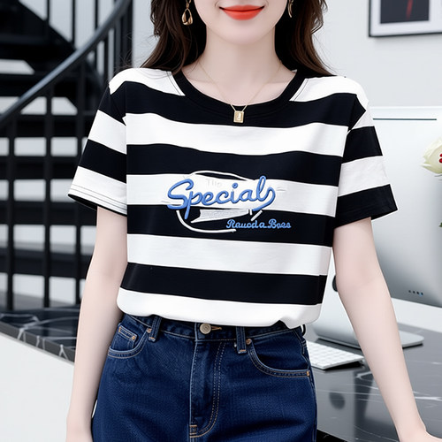 条纹短袖女士爆款2026新款高级感刺绣正肩显瘦遮肚子减龄洋气T恤